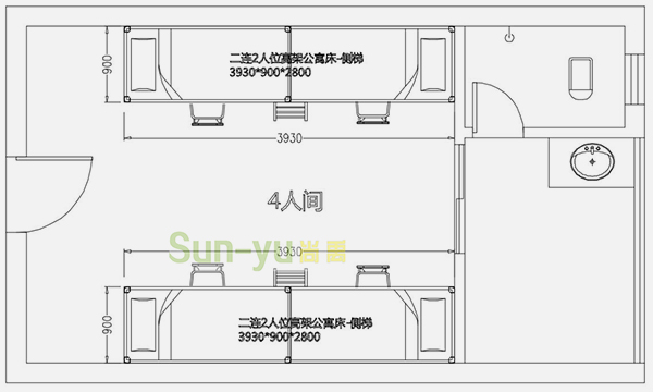 二连2人位-侧梯-平面布局图