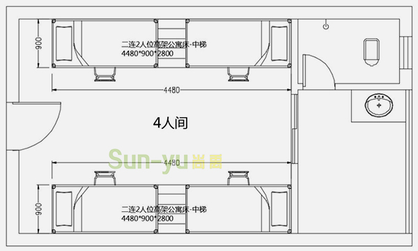 二连2人位高架床-中梯-平面布局图