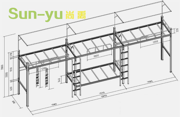 三连4人位-侧梯-钢架床设计图