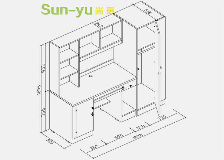 单人高架床-侧梯-组合桌柜设计图