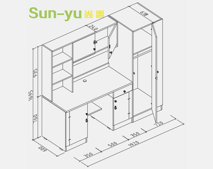 单人高架床-侧梯-组合桌柜设计图