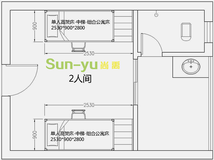 单人高架床-中梯-组合公寓床-2人间-平面布局图