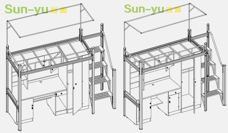 单人高架床-中梯+组合桌柜-组合设计图-SYG04