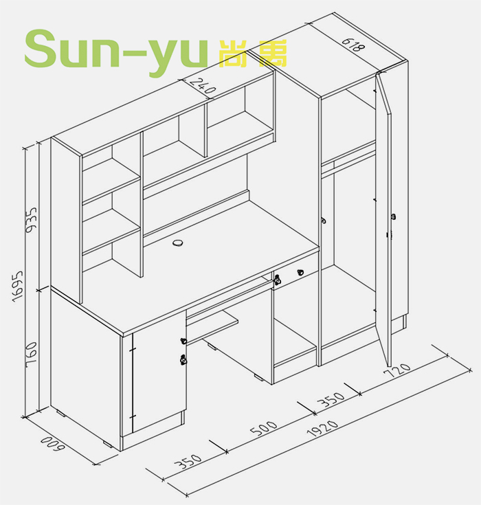 单人高架床-中梯组合桌柜-SYG04设计图