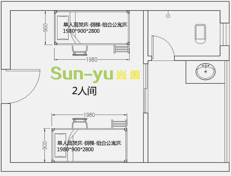 单人高架床-侧梯-组合公寓床-2人间-平面布局图