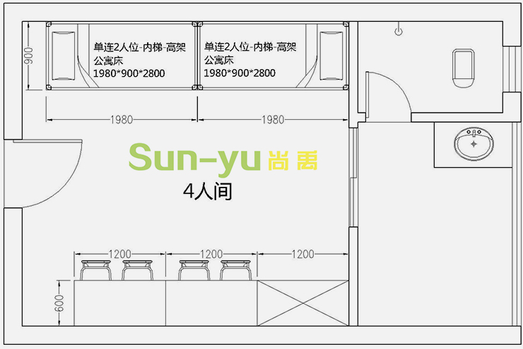 单连2人位-内梯-高架公寓床-4人间平面布局图