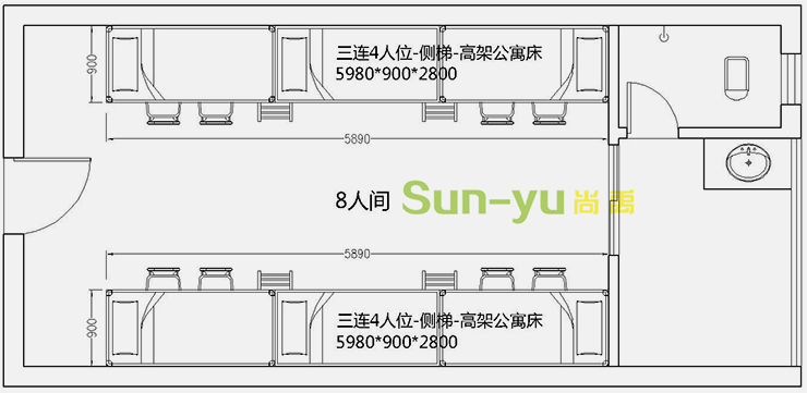 三连4人位-侧梯-高架公寓床-8人间平面布局图