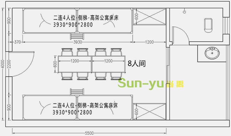 二连4人位-侧梯-高架公寓床-8人间平面布局图